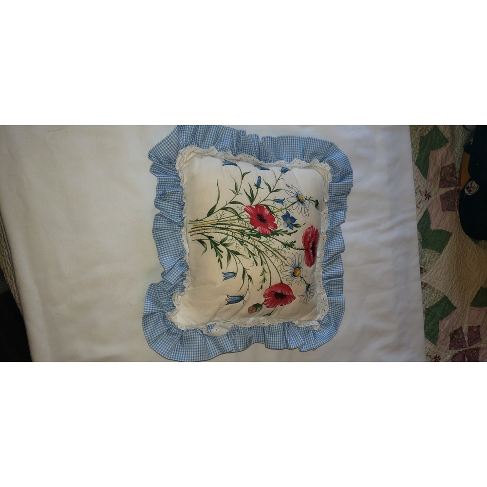 Vintage Floral Poppy Gingham Ruffle Throw Pillow Blue White Country Cottagecore